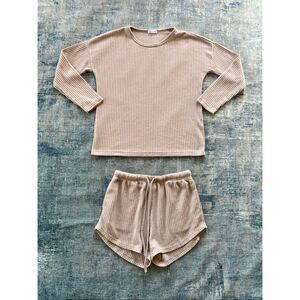 Ekouaer Mauve Beige Long Sleeve and Shorts Waffle Knit Pajamas Set Small